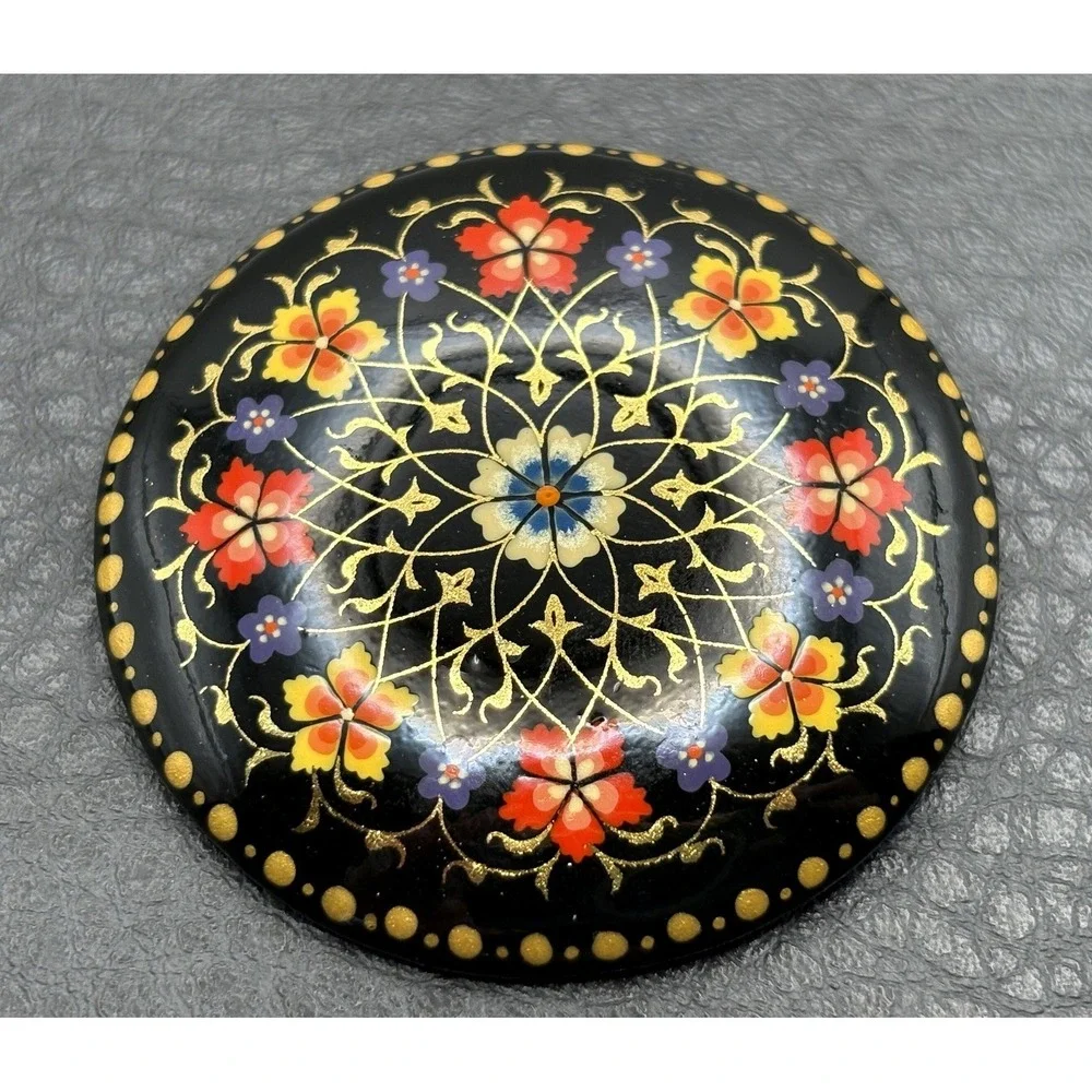 Vintage Uzbekistan Hand Painted Lacquer Floral Brooch Pin Black Gold Red Yellow